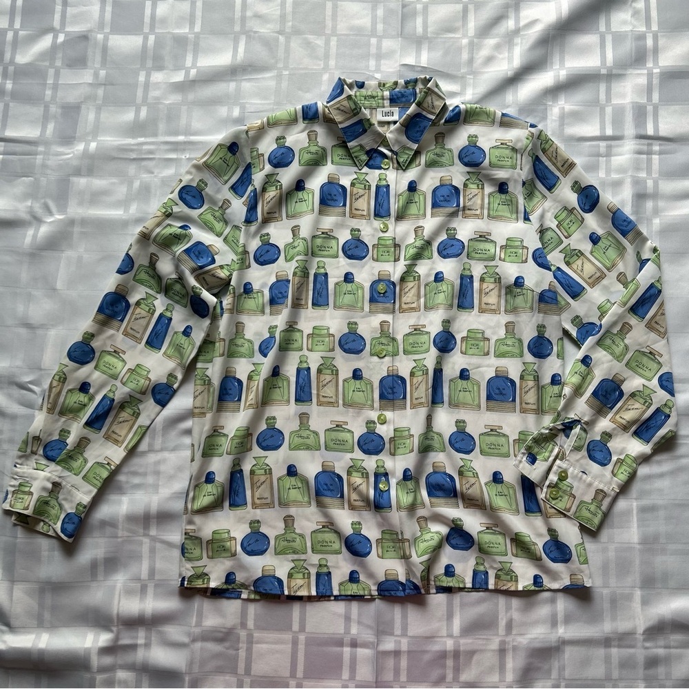 Lucia Perfume Bottle Print Lightweight Button Up Long Sleeve Top